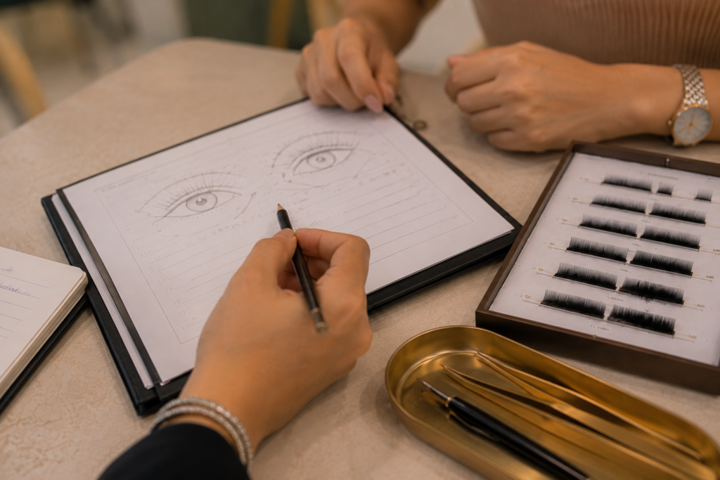 Lash mapping and personalised lash design planning during a consultation at Lashcara Lash Clinic.
