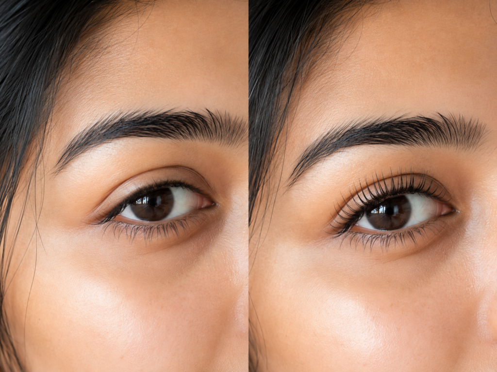 Before and after natural lash lift result at Lashcara Lash Clinic showing lifted lashes