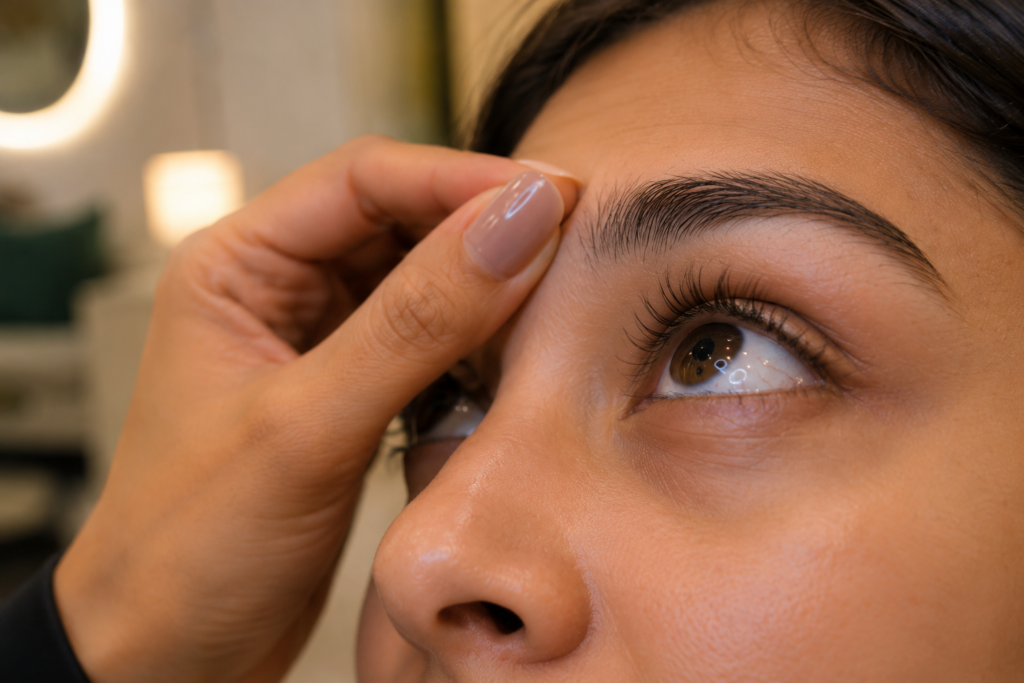 Close-up of a professional natural lash assessment before lash extensions at Lashcara Lash Clinic.