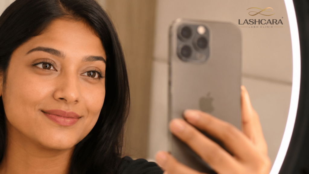 Indian client smiling into her phone after a natural-looking Keralash Lash Lift® at Lashcara Lash Clinic.