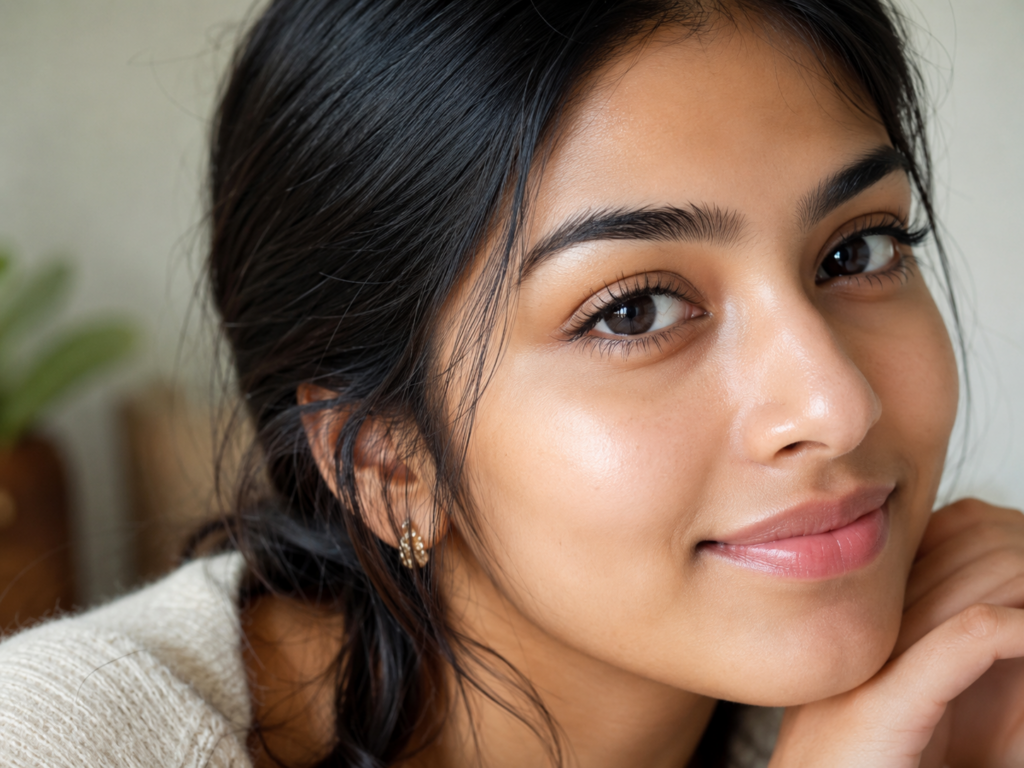 Young Indian woman with naturally lifted lashes after a Keralash Lash Lift near Sopan Baug