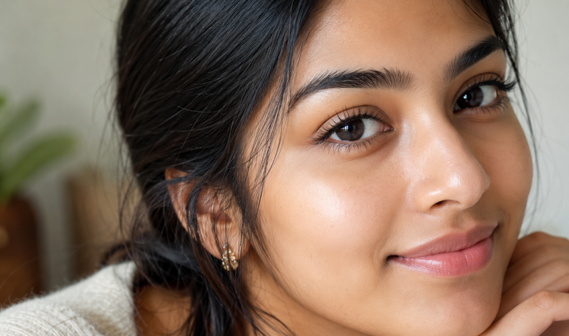 Young Indian woman with naturally lifted lashes after a Keralash Lash Lift near Sopan Baug