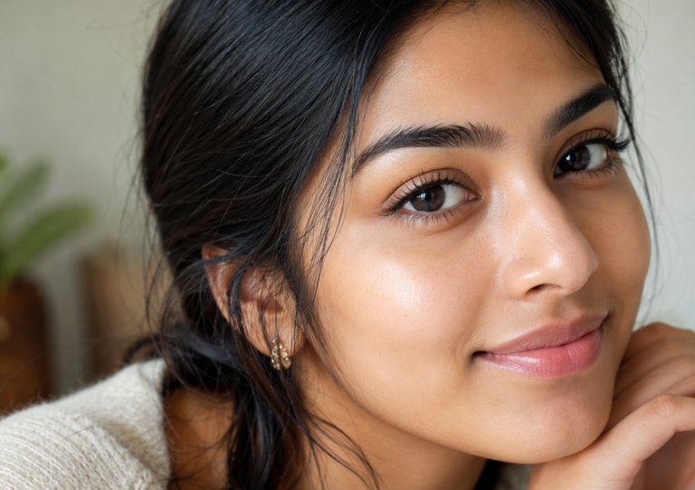 Young Indian woman with naturally lifted lashes after a Keralash Lash Lift near Sopan Baug