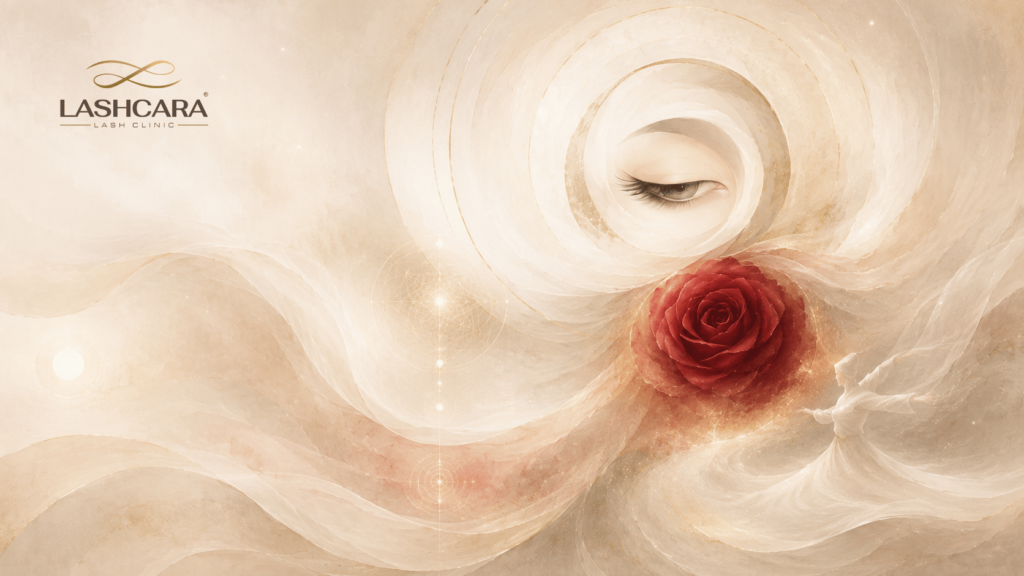 Abstract meditation-inspired artwork combining a softly closed eye, red rose and flowing whirling forms.