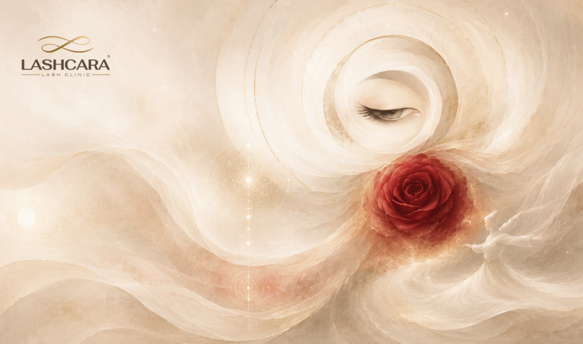 Abstract meditation-inspired artwork combining a softly closed eye, red rose and flowing whirling forms.