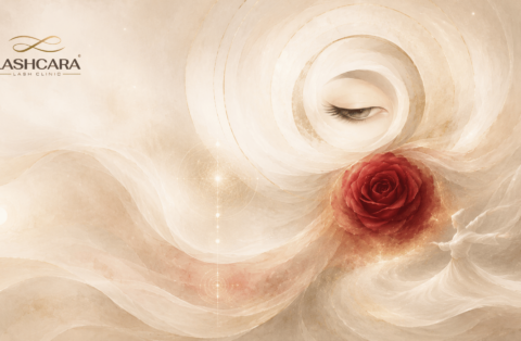Abstract meditation-inspired artwork combining a softly closed eye, red rose and flowing whirling forms.