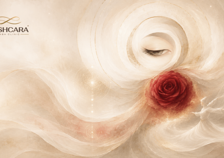 Abstract meditation-inspired artwork combining a softly closed eye, red rose and flowing whirling forms.