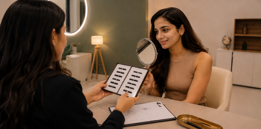 Indian woman attending a personalised lash extension consultation at Lashcara Lash Clinic before treatment begins in Pune.