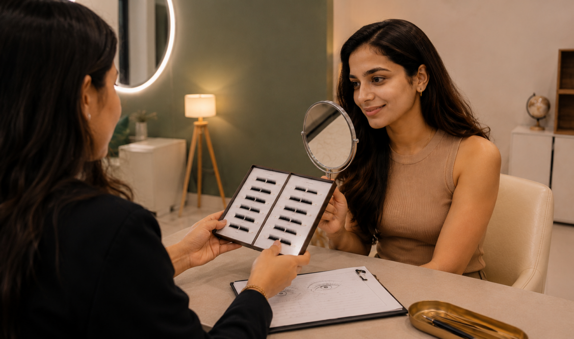 Indian woman attending a personalised lash extension consultation at Lashcara Lash Clinic before treatment begins in Pune.