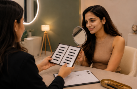 Indian woman attending a personalised lash extension consultation at Lashcara Lash Clinic before treatment begins in Pune.