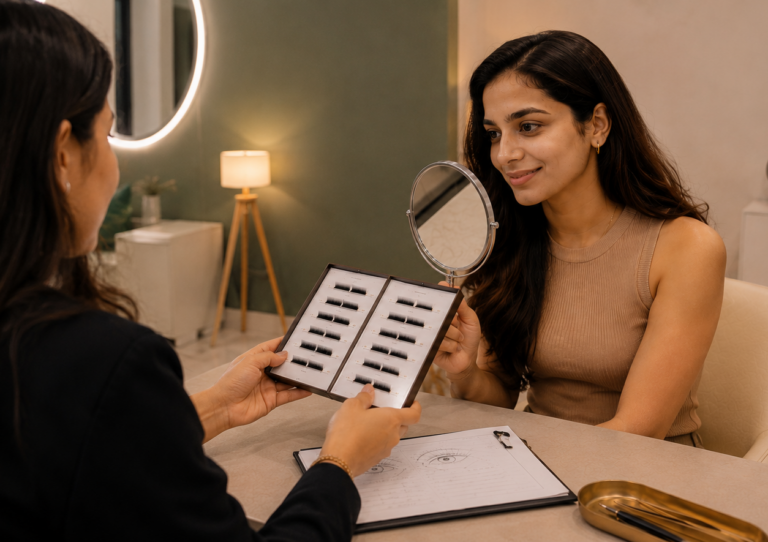 Indian woman attending a personalised lash extension consultation at Lashcara Lash Clinic before treatment begins in Pune.