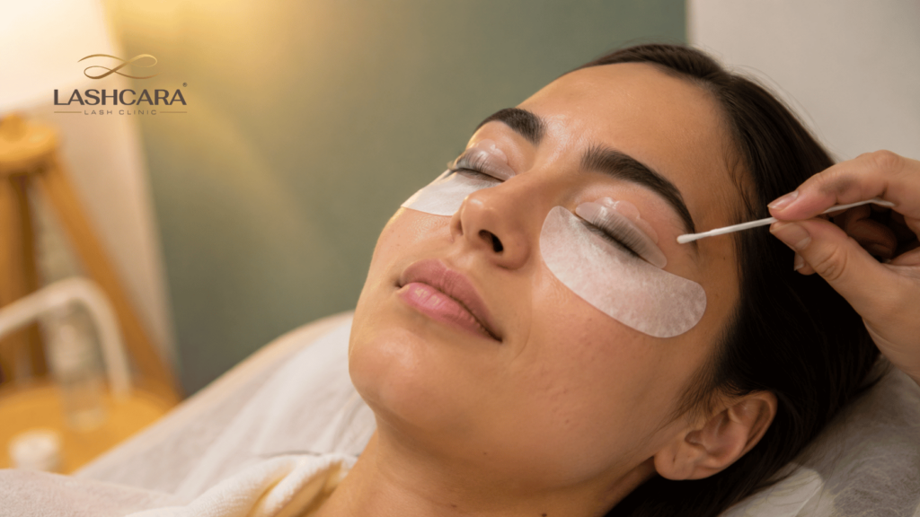 Relaxed client resting during a professional lash lift service in a calm, hygienic Lashcara setting.