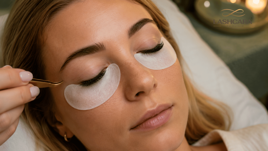 Relaxed client visiting Lashcara after a meditative session, resting with closed eyes during a natural-looking lash extension session at Lashcara.