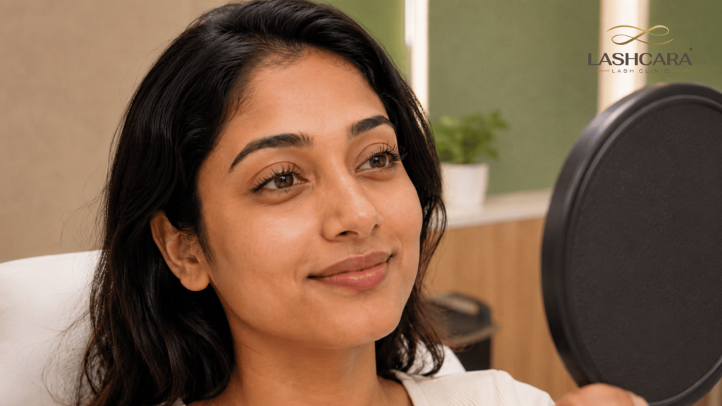 Indian client smiling at her naturally lifted lashes in a mirror after a Keralash Lash Lift® at Lashcara Lash Clinic in Pune.
