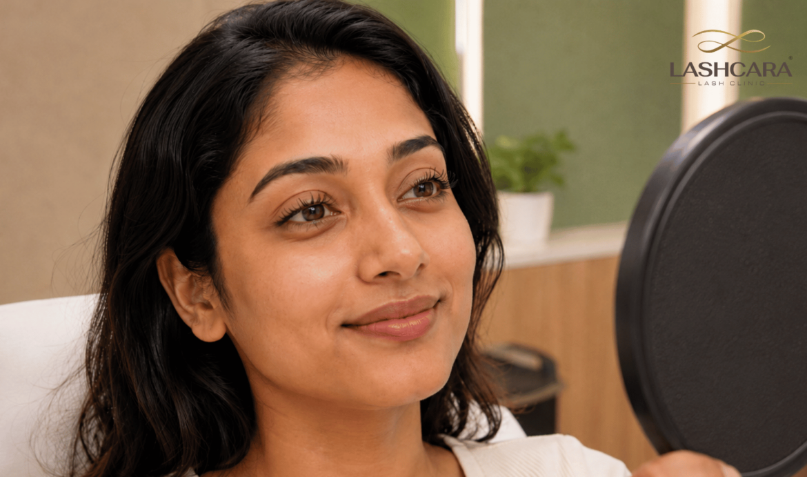 Indian client smiling at her naturally lifted lashes in a mirror after a Keralash Lash Lift® at Lashcara Lash Clinic in Pune.