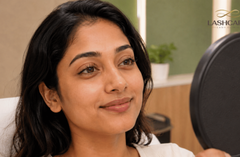 Indian client smiling at her naturally lifted lashes in a mirror after a Keralash Lash Lift® at Lashcara Lash Clinic in Pune.