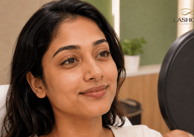 Indian client smiling at her naturally lifted lashes in a mirror after a Keralash Lash Lift® at Lashcara Lash Clinic in Pune.